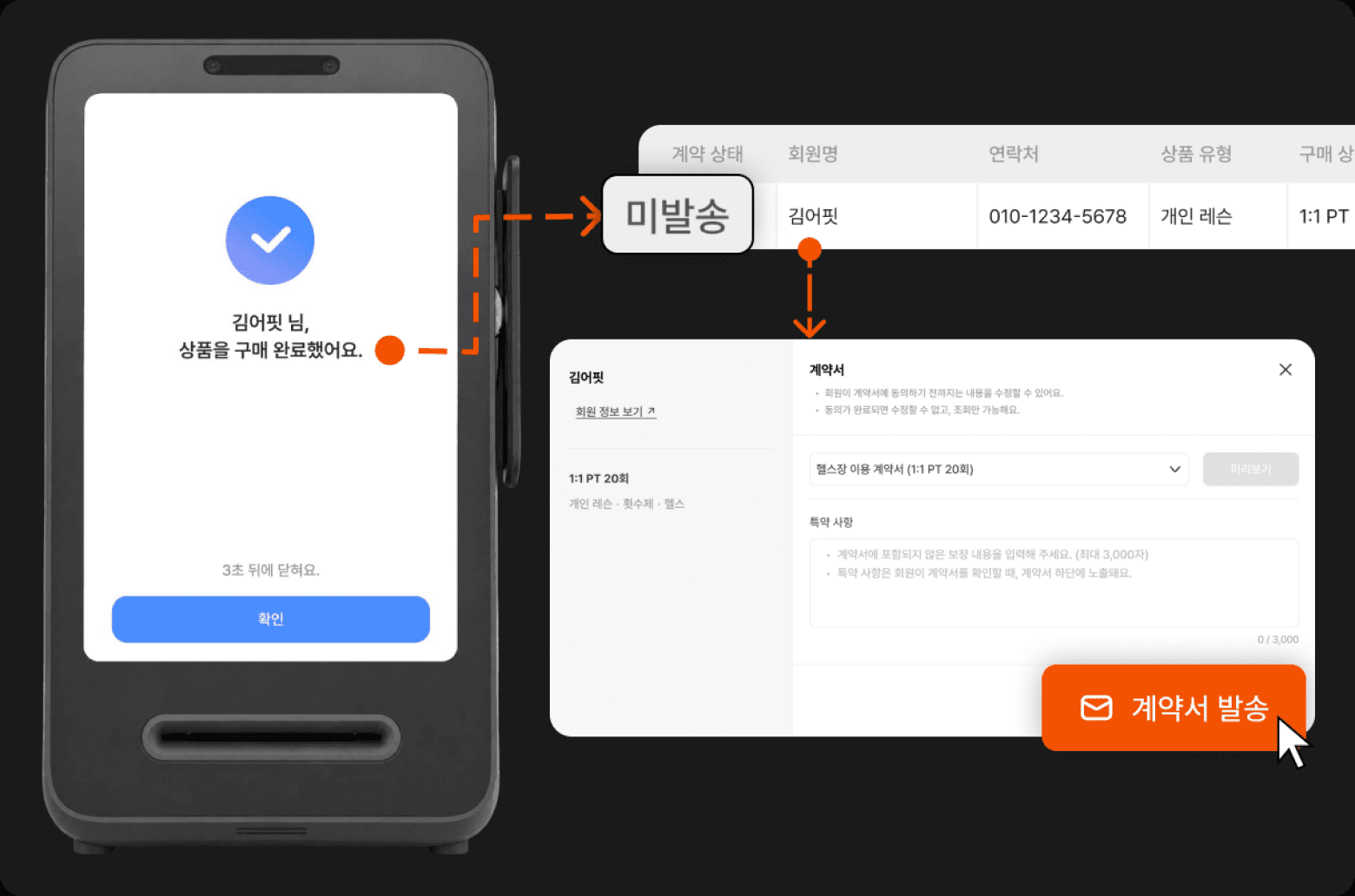 신규 회원 등록과 전자 계약서가 CRM에 바로 반영되는 화면